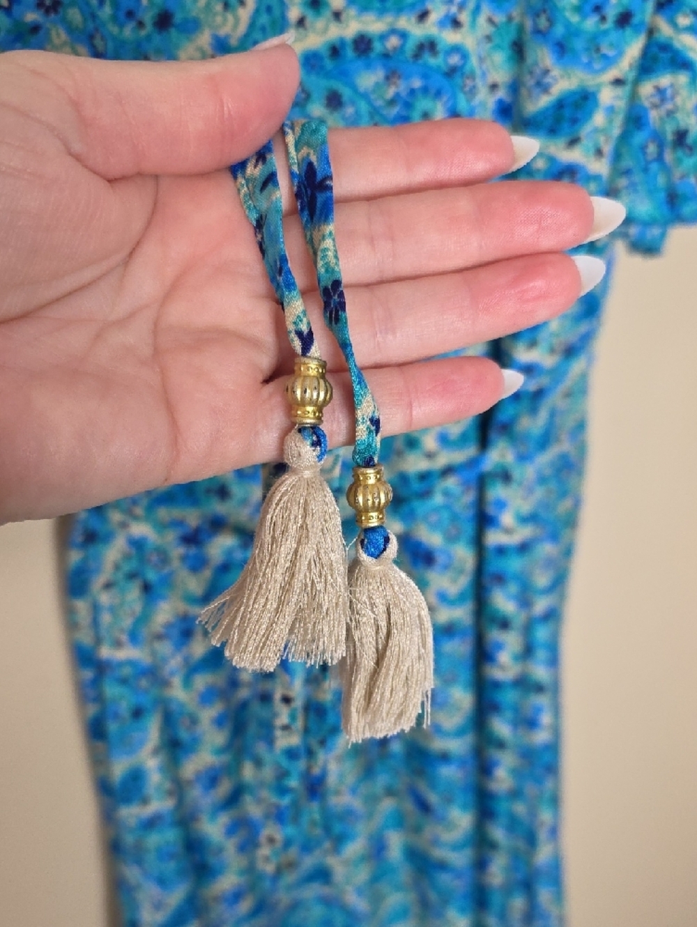 Vintage Silk Wrap Maxi Dress Blue Paisley Boho Womens M/L Cottagecore Resortwear - Picture 7 of 14